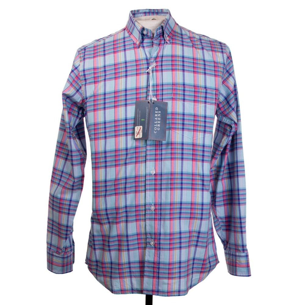 NWT Collared Greens Mens S Teal Blue Plaid LS Button‎ Front Shirt $98 MSRP